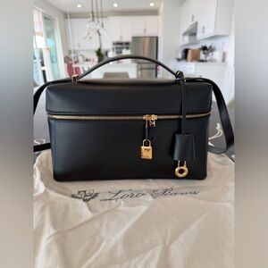 Loro Piana Extra Bag L27 in black smooth calfskin; worn 5x